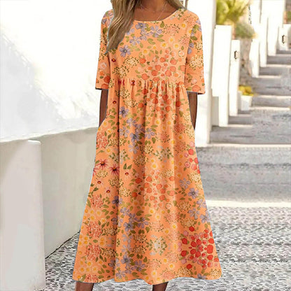 Women's Floral Print Crew Neck Linen Blend Casual Midi Dress