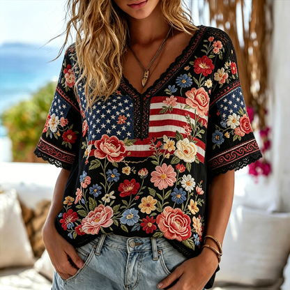 Retro Floral Banner Art Cotton Linen V-neck Short Sleeve Top
