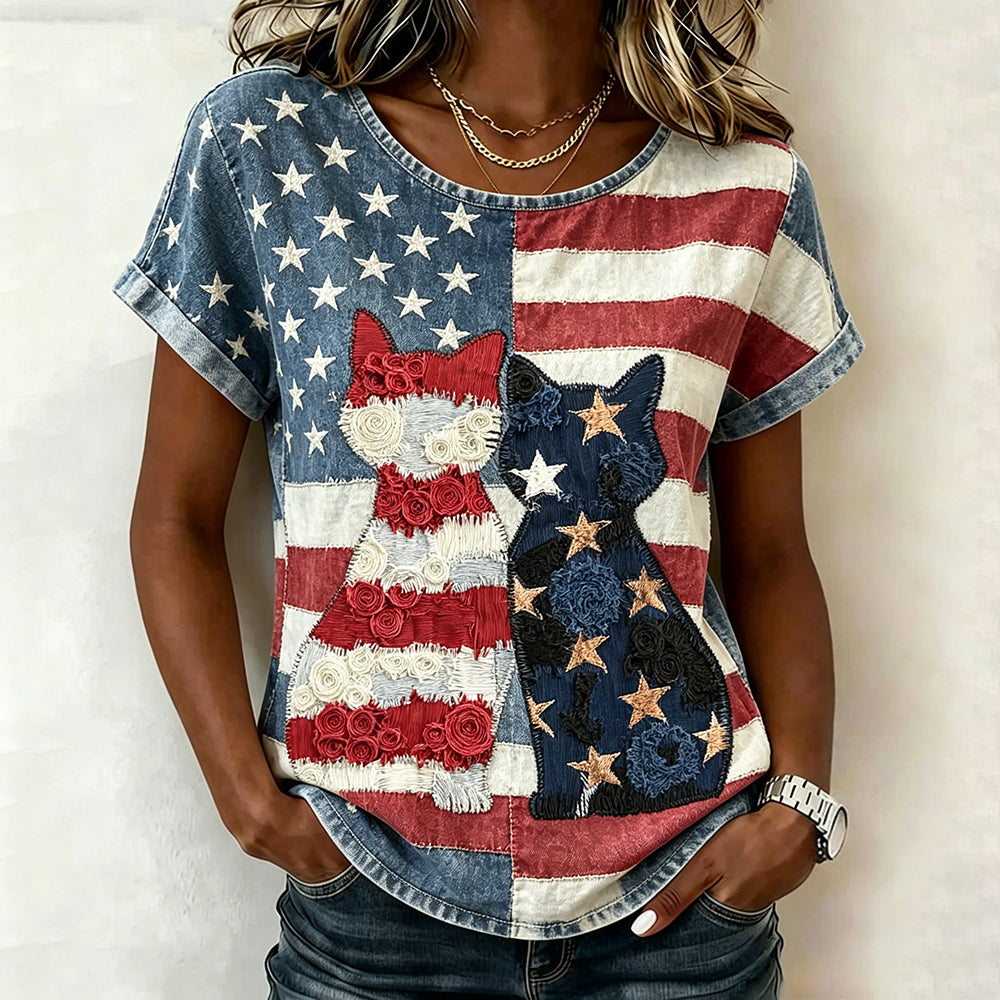 Retro American Flag Cats Patchwork Art Washed T Shirt