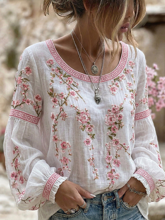 Women's Japanese Flower Art Crew Neck Linen Blend T-shirt