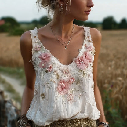 Bohemian Retro Pink Floral Pattern Women's Sleeveless Thin Shoulder Strap Vest