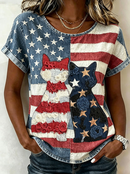 Retro American Flag Cats Patchwork Art Washed T Shirt
