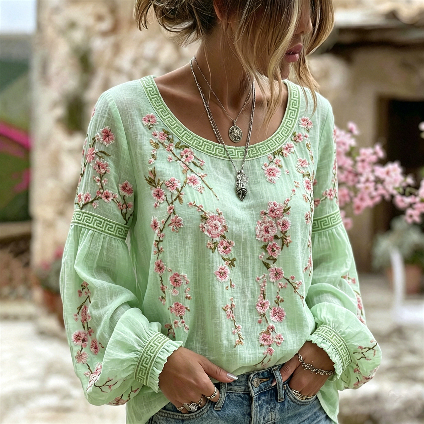 Women's Japanese Flower Art Crew Neck Linen Blend T-shirt