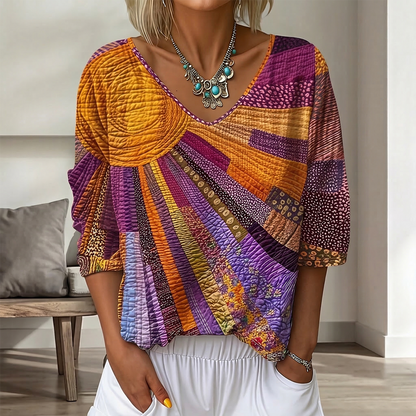 Women's Vintage Floral In Gradient Art Print Flowy Linen Blend  Three-quarter Sleeve V Neck Linen Tops