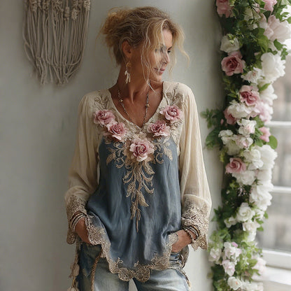Women's Vintage Pink Rose Embroidery V Neck Long Sleeve T-shirt
