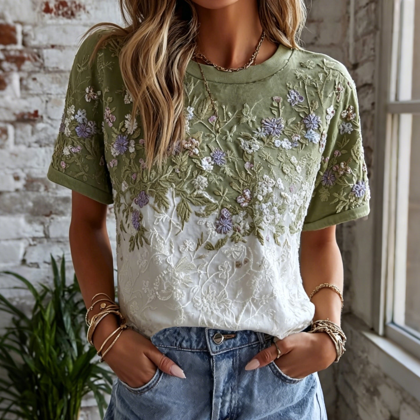 Women's Retro Floral Art Embroidery Color Block Cotton Linen Casual T-shirt