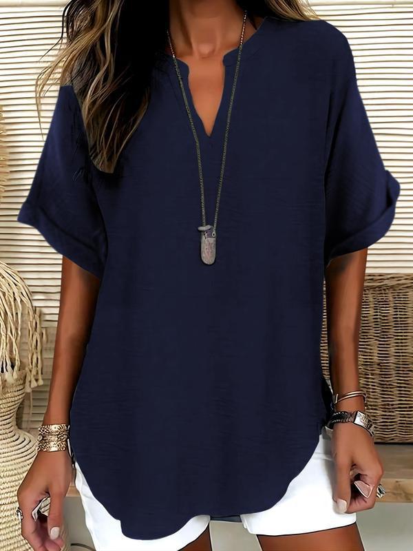 📦📦Women's Plain Short Sleeve Blouse, Casual Solid Color Top for Daily Wear, Ladies Clothes for All Seasons