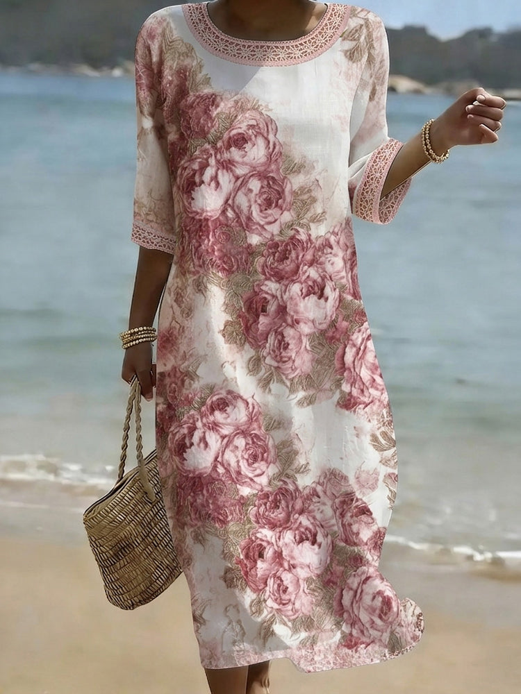 Women's Vintage Floral Art Print Linen Blend Dress