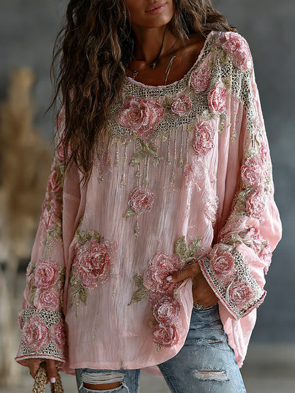Women's Vintage Floral Embroidered Art Print Flowy Linen Blend Casual Tops