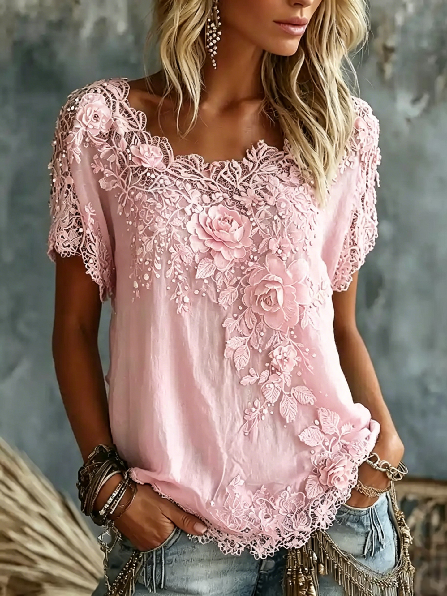 Women's Vintage Rose Floral Art Casual Cotton Linen Short-sleeved T-shirt