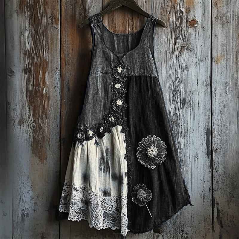 Floral Denim Textile Lace Hem Patchwork Tank Dress