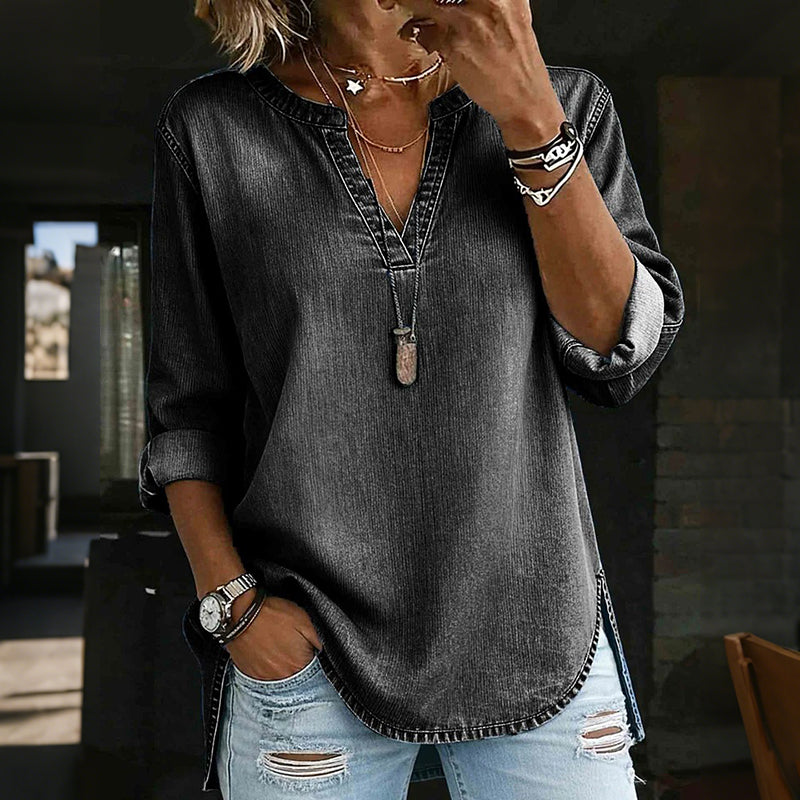Women's Retro Denim Texture Pattern Cotton Linen Sleeve T-shirt