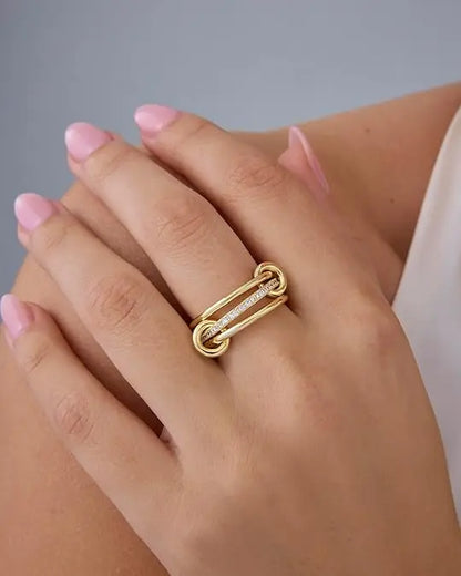 PAVOI 14K Gold Plated Interlocked Stackable Statement Ring for Women – Chunky Multi-Band Double & Triple Ring, Two-Tone Mixed Metals with Cubic Zirconia