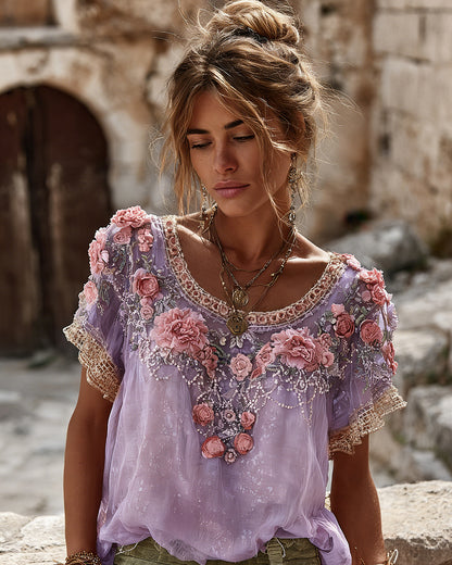 Women's Vintage Floral Embroidered Art Flowy Linen Blend Short Sleeve Casual Tops