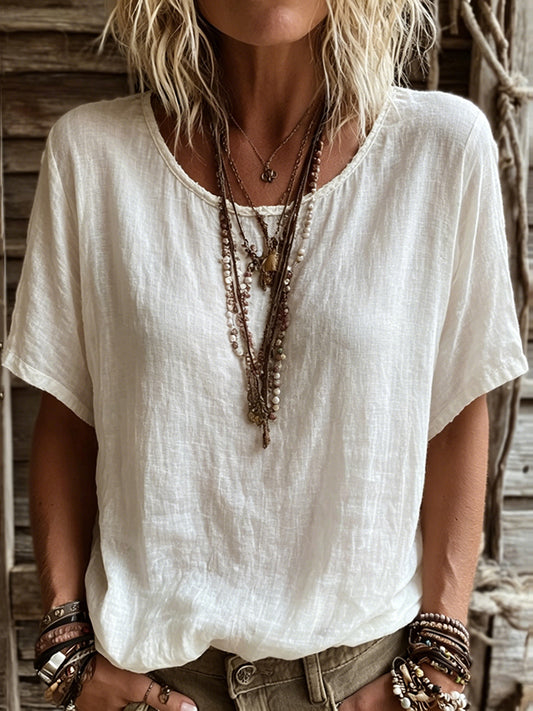 Women's Vintage Solid Color Comfortable Regular Cotton Linen T-shirt