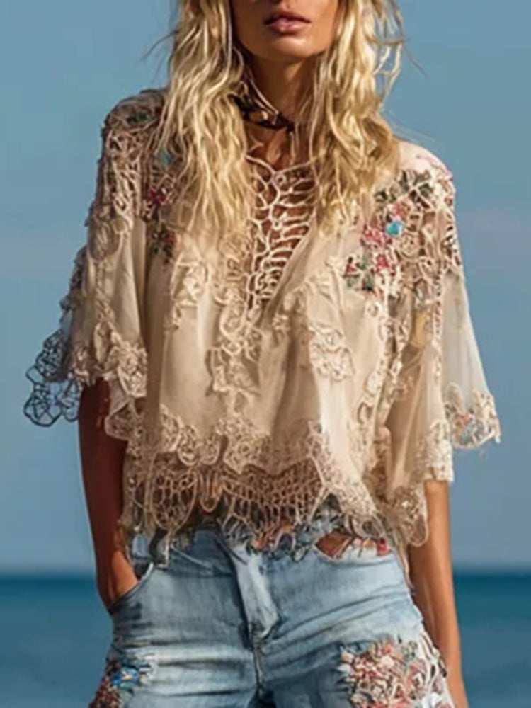 Women's Bohemian Floral Embroidered Crew Neck T-shirt