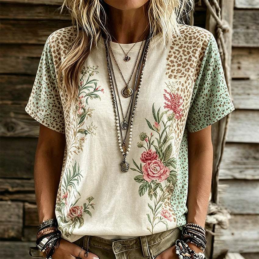Women's Floral Leopard Print Linen Blend Casual T-shirt