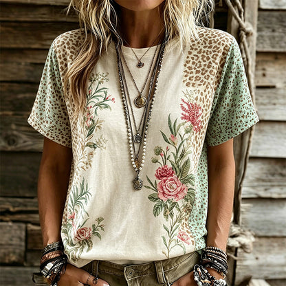 Women's Floral Leopard Print Linen Blend Casual T-shirt