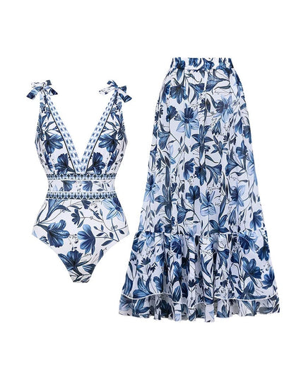 💝💝V Neck Lace Up Printed One Piece Swimsuit and Skirt