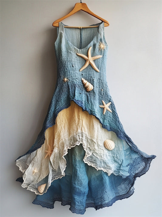Starfish & Sea Shells Embroidered Sea Waves Layered Flowy Linen Dress