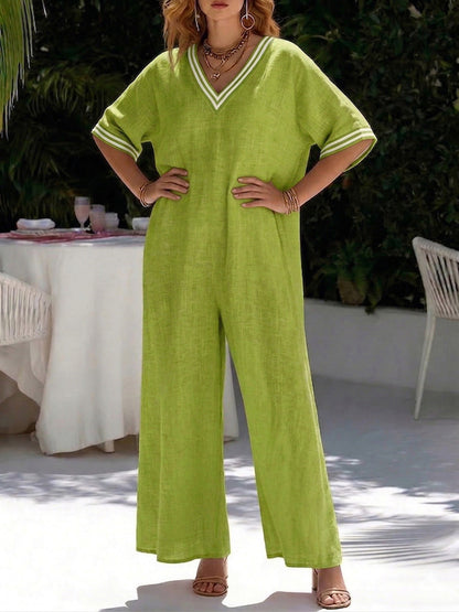 🎁New Arrivals🔥 Cozy Loose-fit V Neck Striped Cotton Linen Jumpsuit