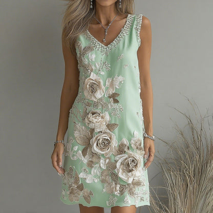 Women's Vintage Rose Art V-neck Sleeveless Mini Dress