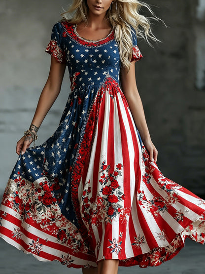 Women's Vintage Independence Day Rose Pattern Casual Crew-neck Dress