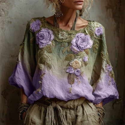 Vintage Pink Roses Forest Gradient Linen Tunic