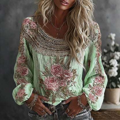 Women's Floral Embroidered Art Print Flowy Linen Blend Casual Tops
