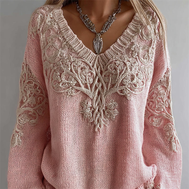 Vintage Pink Tree Of Life V Neck Cozy Knit Sweater