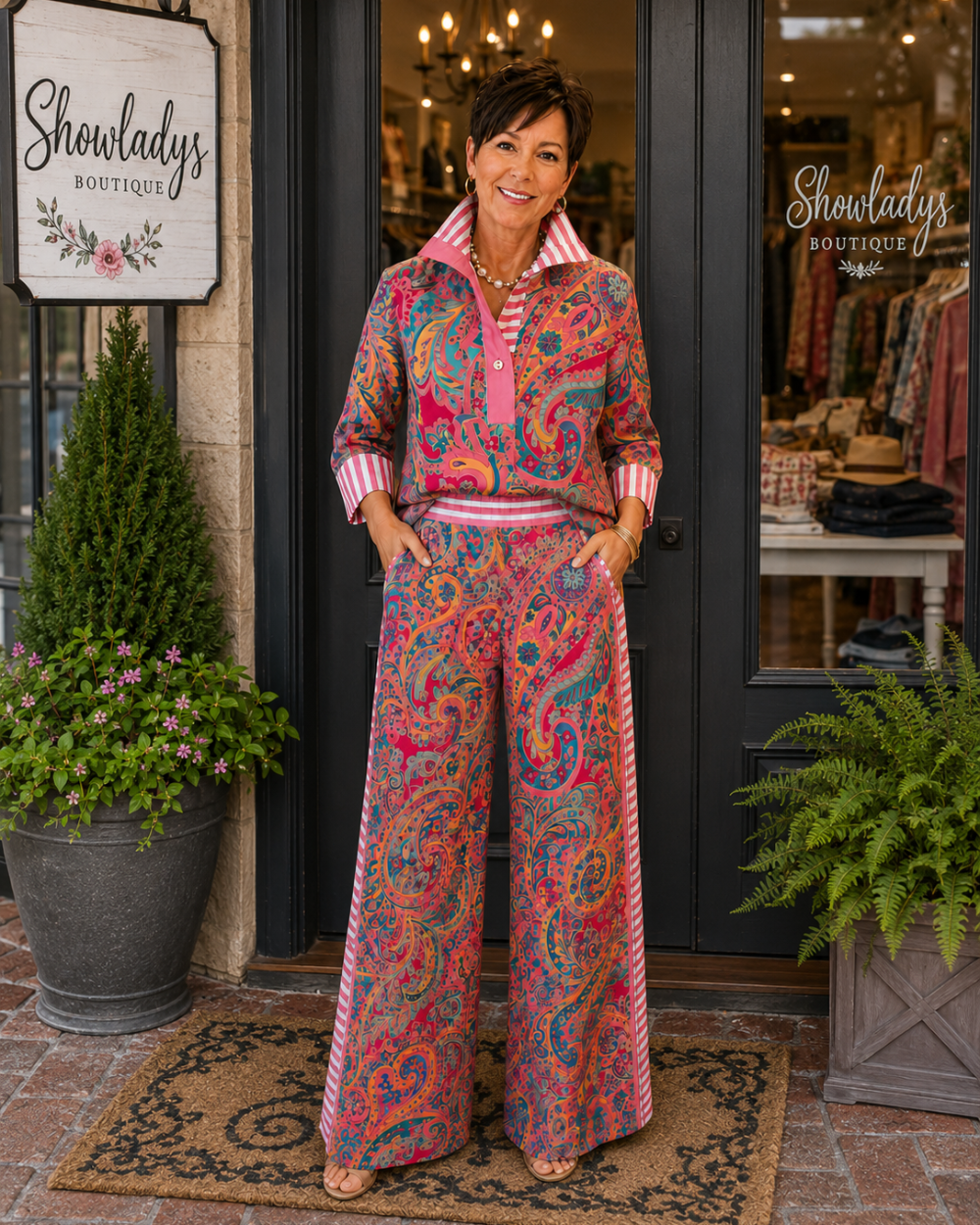🎁New Arrivals🔥The Paisley Contrast-Stripe Two-Piece Set