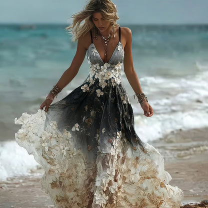 Bohemian Style Plant Flower Gradient Color Long Dress
