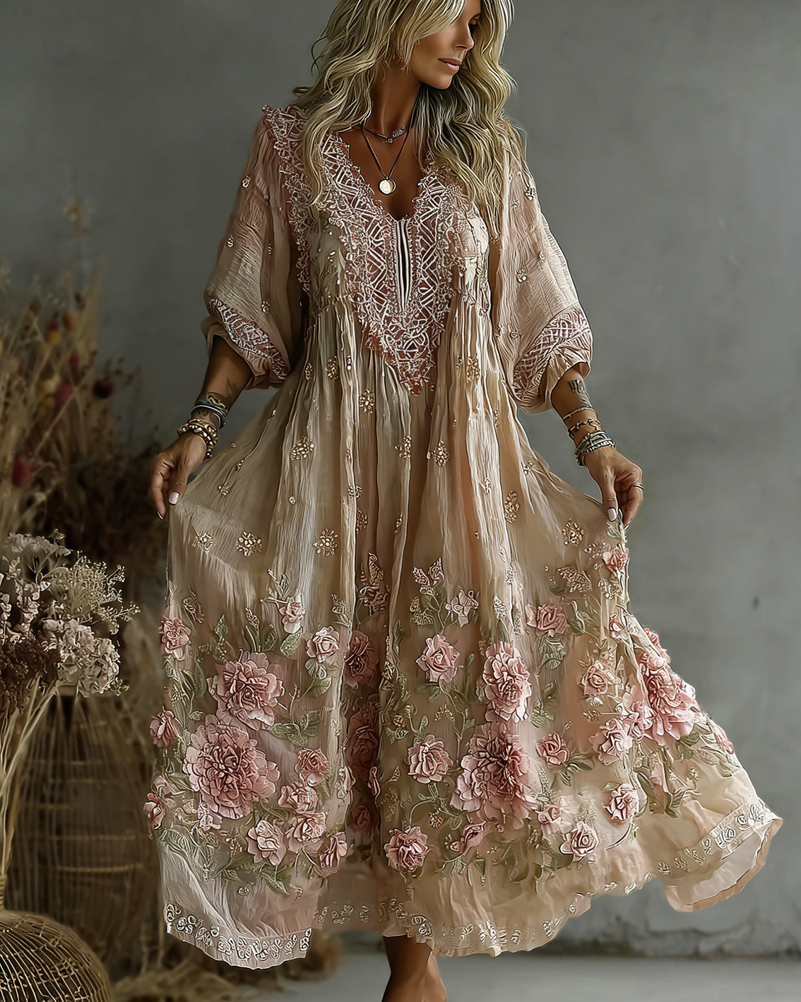 Women's Retro Floral Art Flowy Linen Blend Casual Long Sleeve Maxi Dress