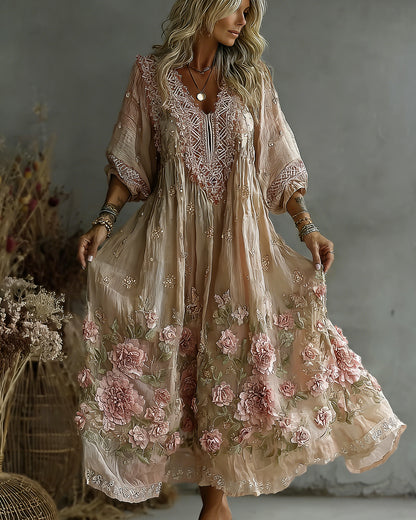 Women's Retro Floral Art Flowy Linen Blend Casual Long Sleeve Maxi Dress
