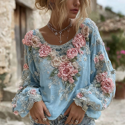 Women's Pink Rose Embroidery Art Round Neck Long Sleeve Linen Blend T-shirt