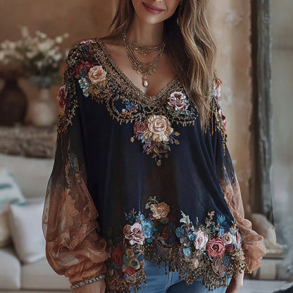 Women's Bohemian-style Floral Embroidered V-neck T-shirt