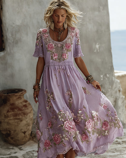 Women's Floral Art Print Flowy Linen Blend Casual Short Sleeve Maxi Dress