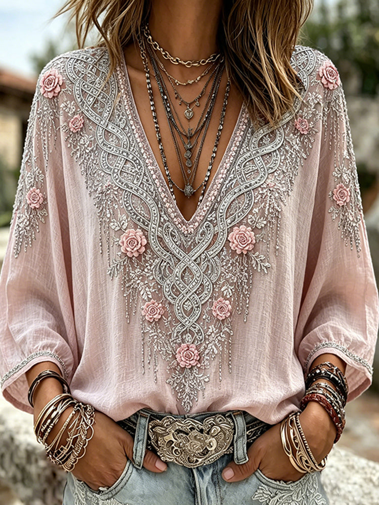 Women's Retro Pink Floral Art Casual Linen Blend Three-quarter Sleeves T-shirt