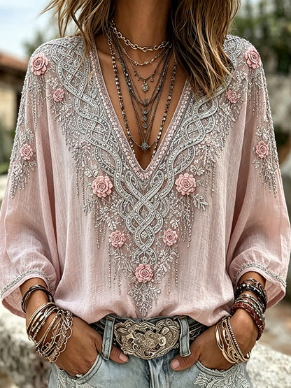 Women's Retro Pink Floral Art Casual Linen Blend Three-quarter Sleeves T-shirt