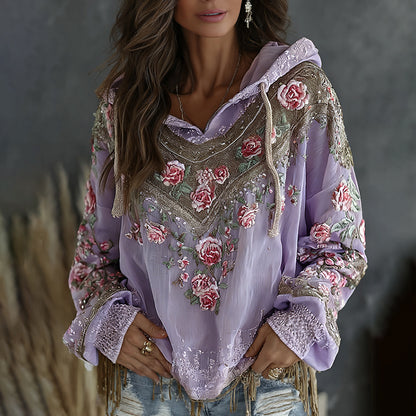 Women's Retro Floral Embroidered Art Print Flowy Linen Blend Casual Hoodie