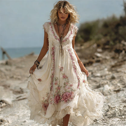 Vintage Boho Pink Roses Lace Flowy Linen Maxi Dress