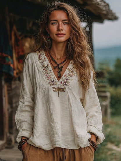 Women's Vacation Boho Floral With Dragonfly Print V-neck Linen Blend Tops