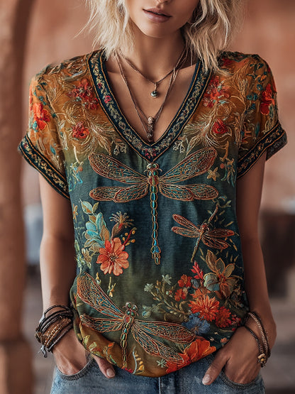 Women's Vintage Dragonfly And Floral Art Print V Neck Linen Blend Short Sleeve Tops