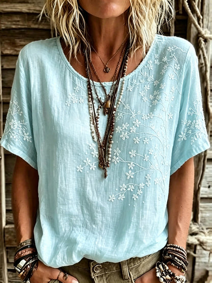 Women's Vintage Floral Art Linen Blend T-shirt