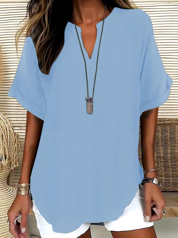 📦📦Women's Plain Short Sleeve Blouse, Casual Solid Color Top for Daily Wear, Ladies Clothes for All Seasons