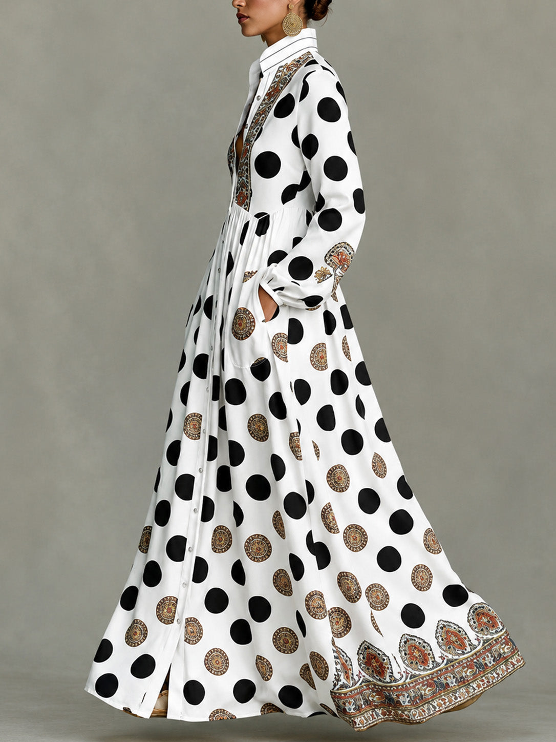 📦📦Classic Totem & Polka Dot Color-block Dress With Lapel, Cinched Waist, And Flared Skirt