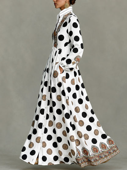 📦📦Classic Totem & Polka Dot Color-block Dress With Lapel, Cinched Waist, And Flared Skirt