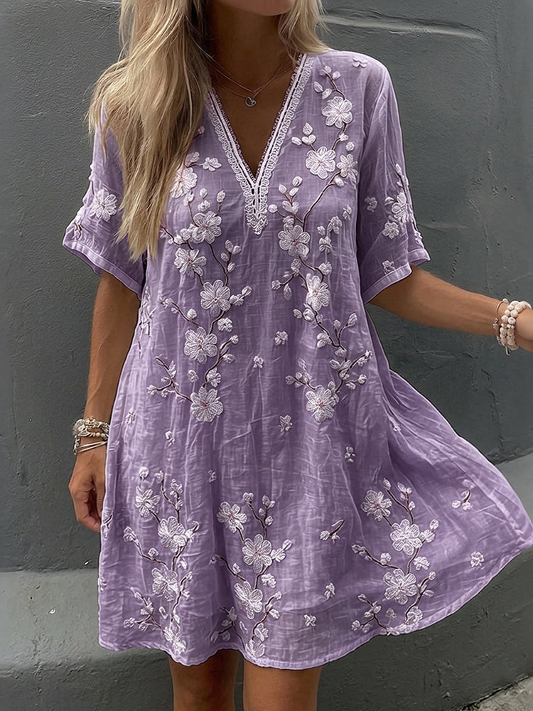 Women's Vintage Floral Print V-neck Short-sleeve Linen Dress