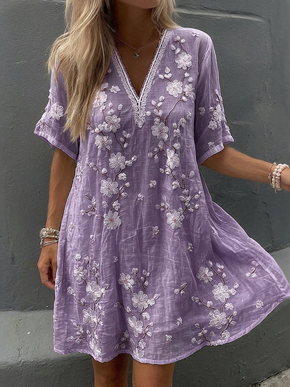 Women's Vintage Floral Print V-neck Short-sleeve Linen Dress