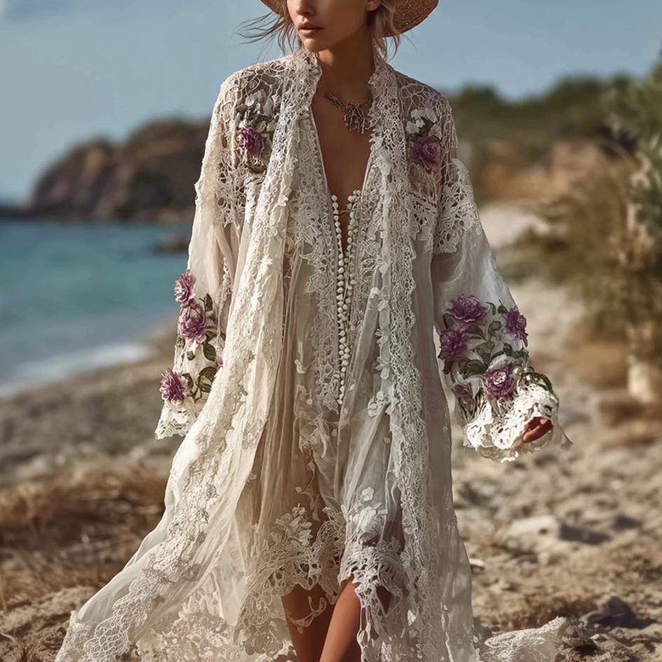 Women's Spring And Summer Linen Lace Patchwork Casual Long Cardigan